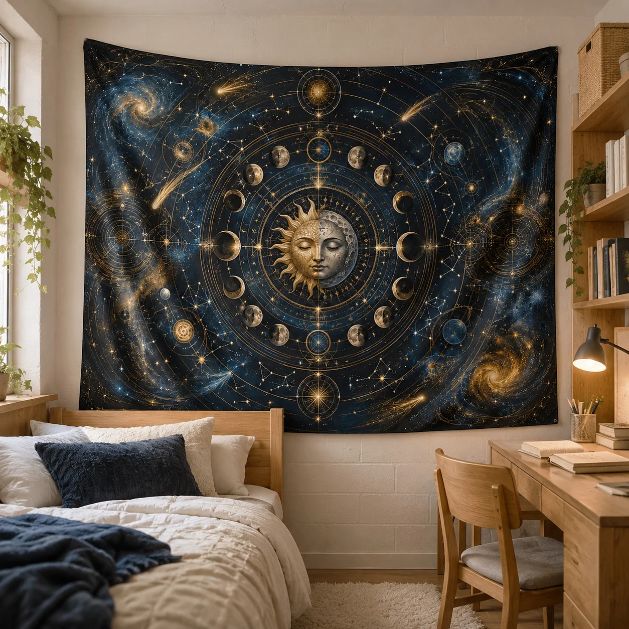 Celestial Sun Moon Phase Wall Tapestry Galaxy Astrology Starry Sky Hanging Decor for Dorm Bedroom