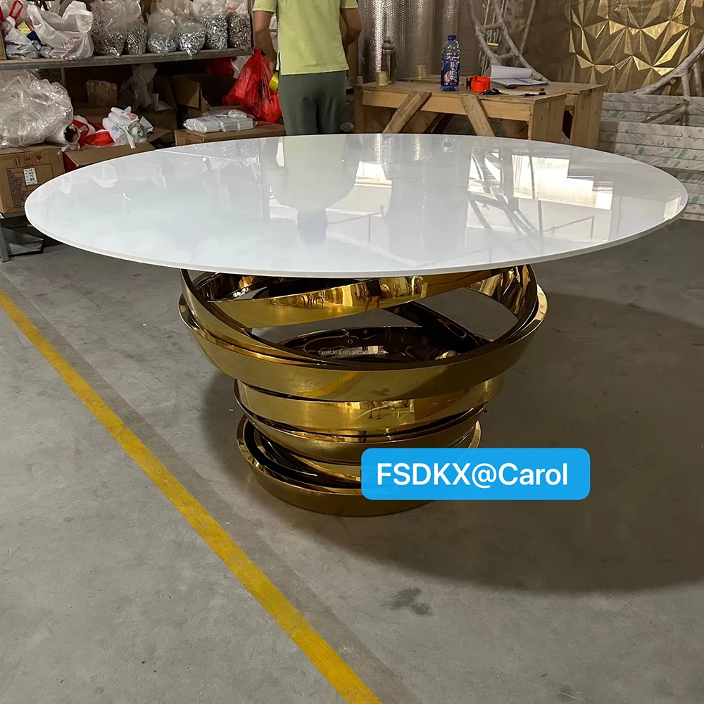 

Hotel Event Wedding Furniture Golden Metal Round Frame White Mirror Glass Top Dining Tables