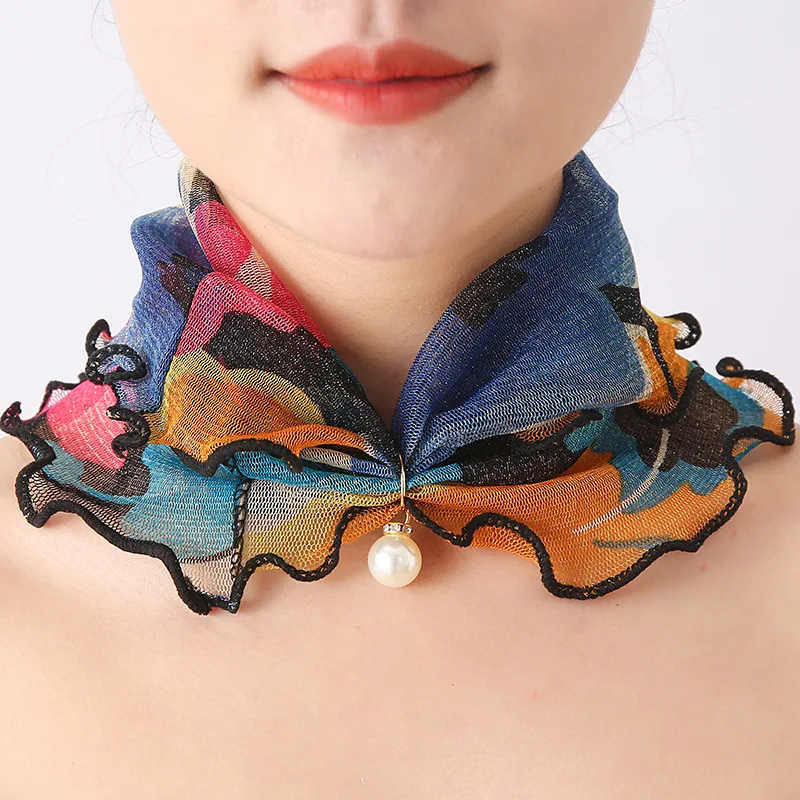 Fashion Printed Gauze Scarf Pearl Pendant Scarf Spring Lightweight Muffler Women Decorative Small Silk Scarf Headband