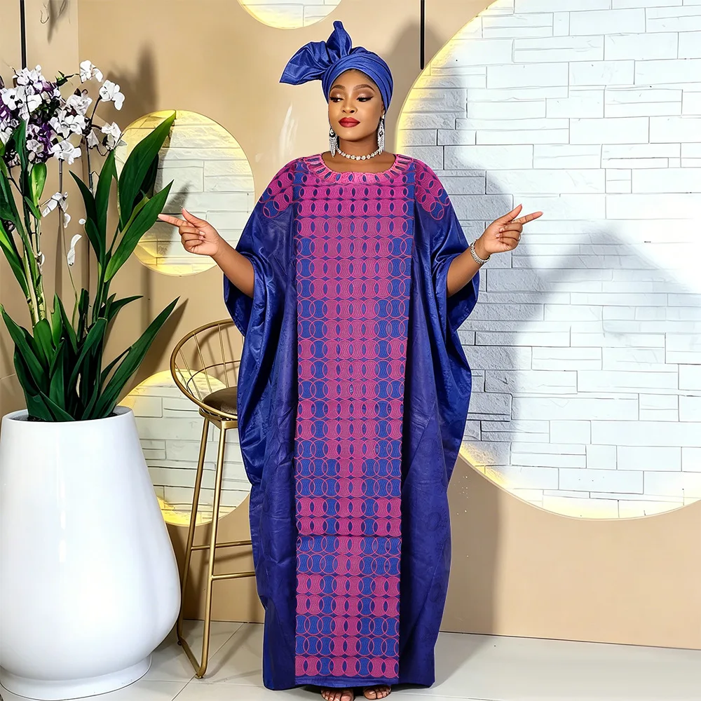 

African Clothing Dresses Embroidery for Woman Embroidery Design Long Dress Headtie Traditional Wedding Party Loose Boubou Gown