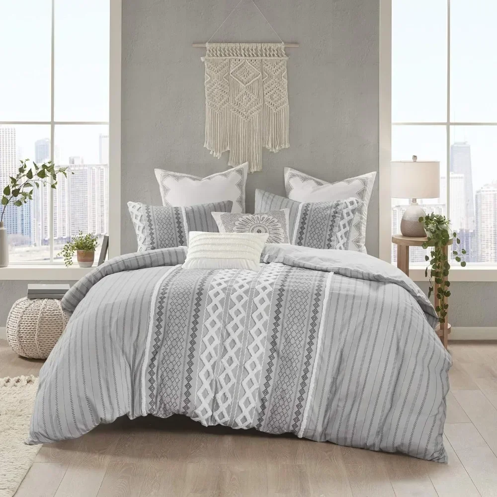 King size bed quilt, chenille tufted, four seasons modern bohemian duvet, flared, 2 matching false strips, king grey 3-piece set