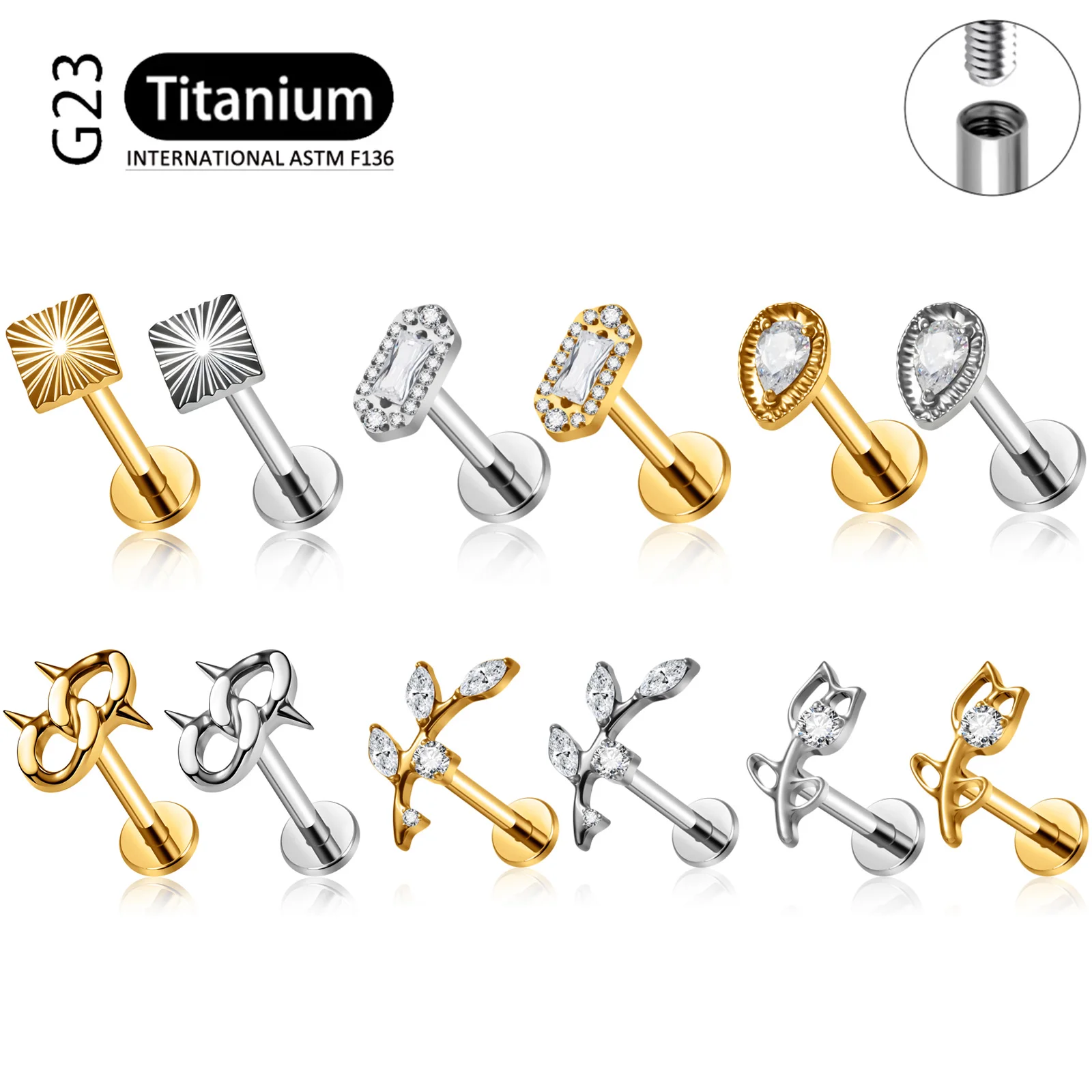 G23 Titanium ASTM F136 Labret Stud Lip Flower Sunburst CZ Zircon Piercing Jewelry Internally Threaded Tragus Cartilage Earring