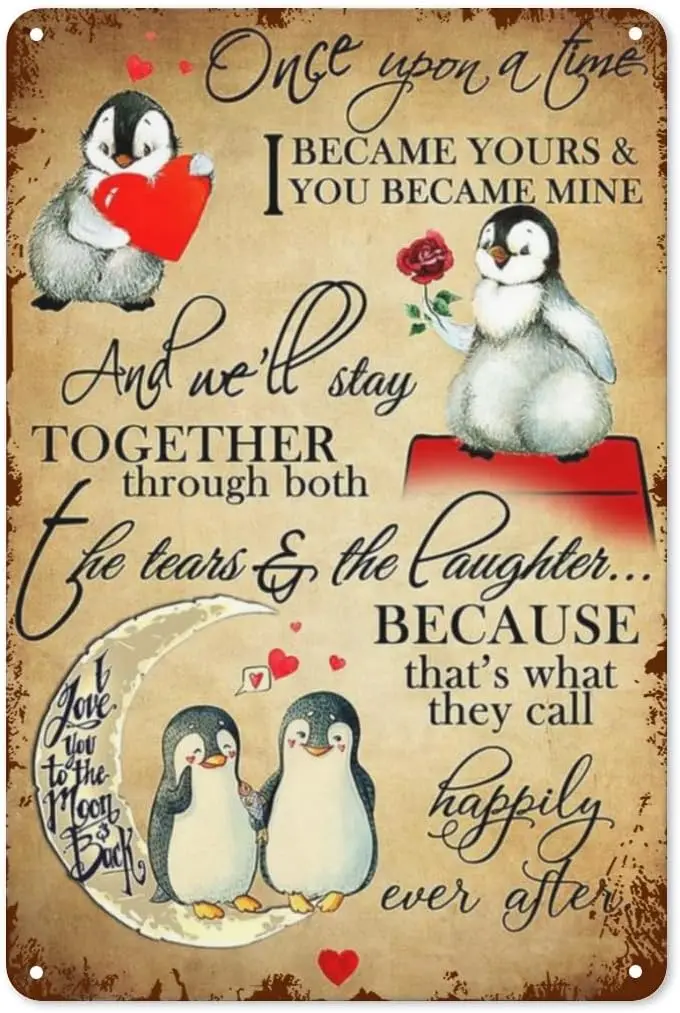 Penguin Once Upon A Time I Became Yours You Became Mine Wall Art For Couple Valentine's Day Gift, Valentine's Day Decora