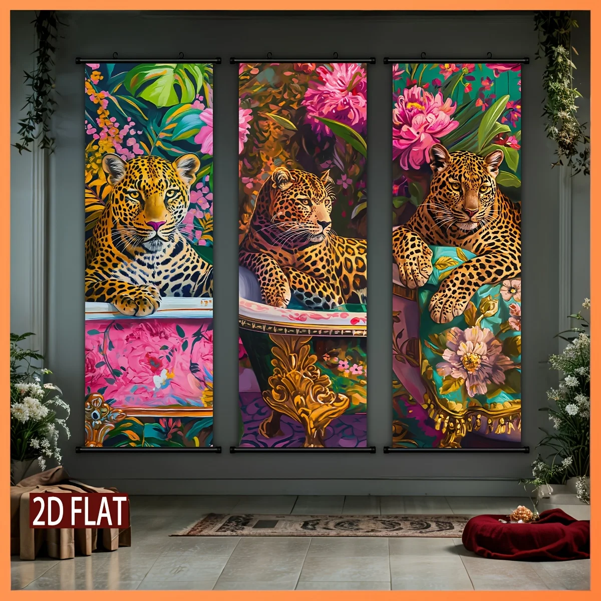 Colorful Flower Leopard Wind Scroll Tapestry HD Non Fading Wall Hanging Scroll Painting Room Decoration