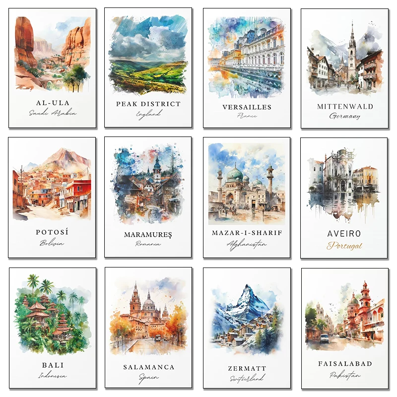 Traditional Tourist Cities Ltaly Lndia Nepal Watercolor Illustration Retro Poster Canvas Paintings Wall Art Pictures Home Decor