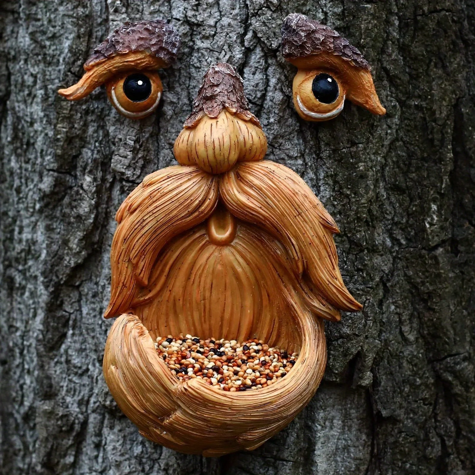 Tree Face Decor Bird Feeder Outdoor,Eyes Glow in Dark Fun Old Man Tree Hugger Sculpture Yard Art Garden Lawn Ornament Decoration