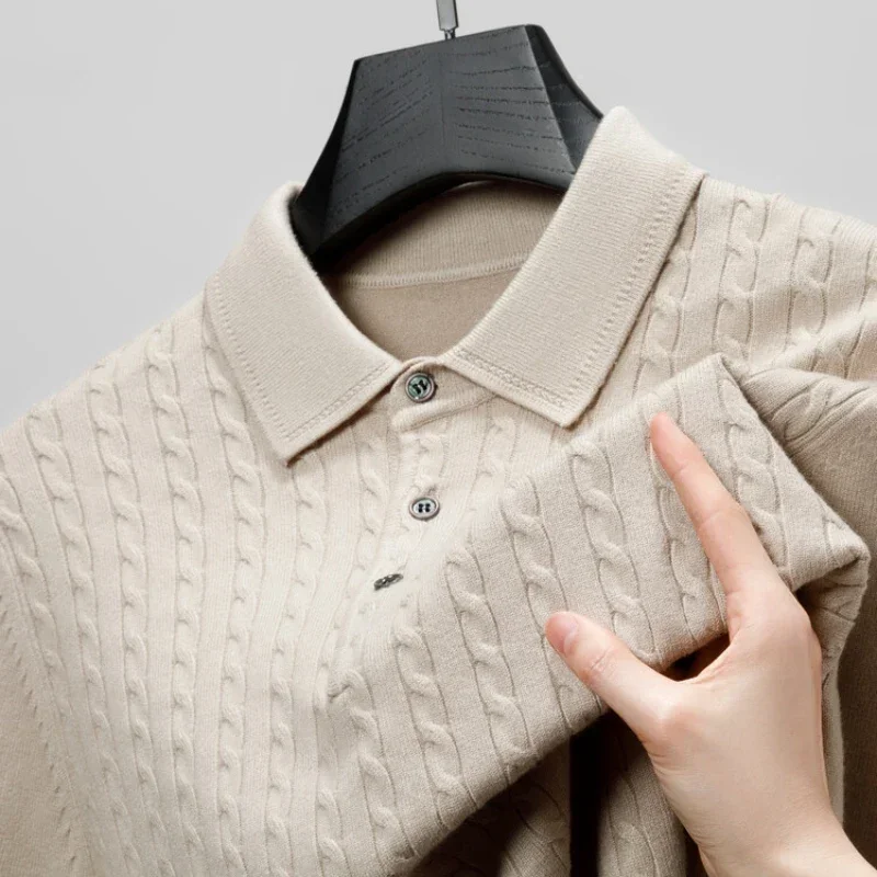 Men's Old Money Twisted Knit Solid Color Long Sleeve Polo Shirt - Business Casual Pullover Sweater for Autumn
