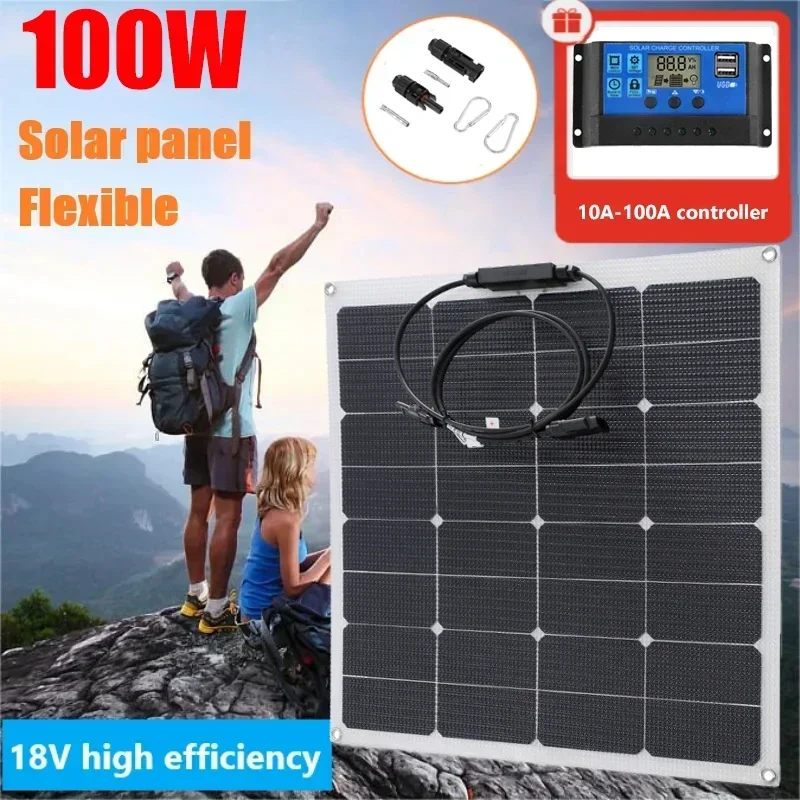 

18V 100W Solar Panel Kit Complete Controller 30A Flexible Solar Panel 12V Portable Efficient Solar Cells Phone Charge Camping RV