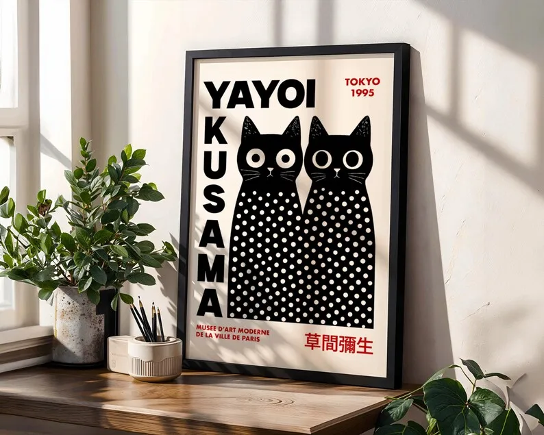 2 Stück/Set Yayoi Kusama Cats Leinwandposter, rahmenloser moderner Pop-Art-Druck, schwarze Katzen-Kunstwerke für Wohnzimmer- und Schlafzimmerdekoration – Detail 6