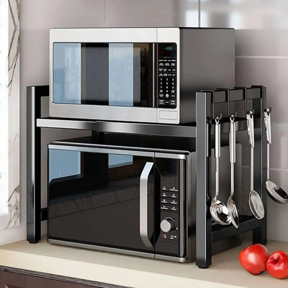 Microwave Oven Rack Adjustable Microwave Stand Shelf with 6 Hooks Extendable Oven Rack for Kitchen Counter Heat-resistant Strong