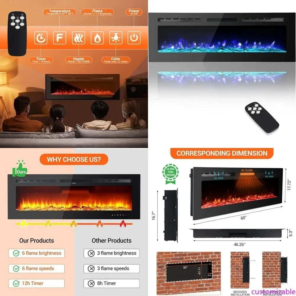 

Электрический камин 60 дюймов, 5120 BTU, 12 цветов пламени, черная отделка, настенное или встраиваемое крепление, таймер, бесшумная работа