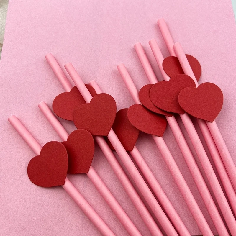 

20Pcs Valentine's Day Paper Straws Disposable Pink Drinking Straws with Red Heart Slices for Beverages Cocktail Wedding Supplies