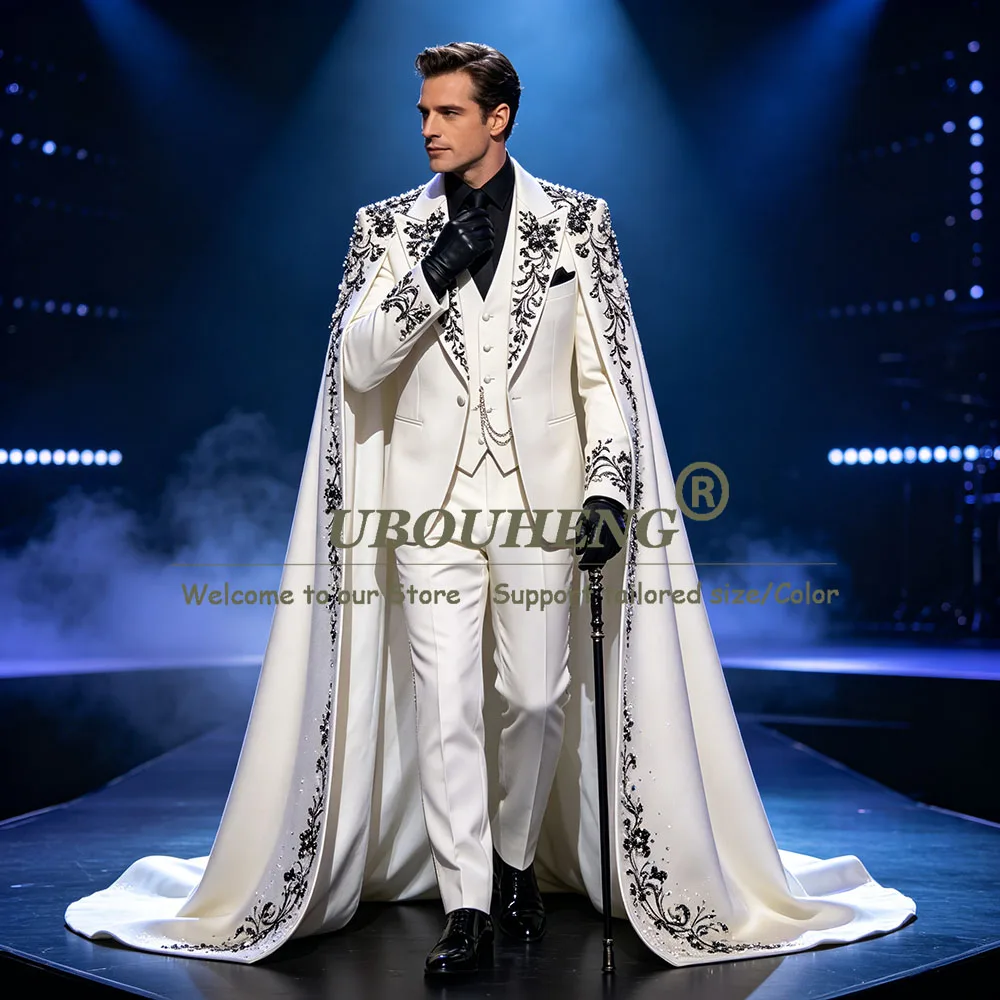 Sparkly Crystals Beaded Wedding Suit Set For Man Wear Single Breasted Prom Blazer With Cape Long Customized Men Dinner Clothing