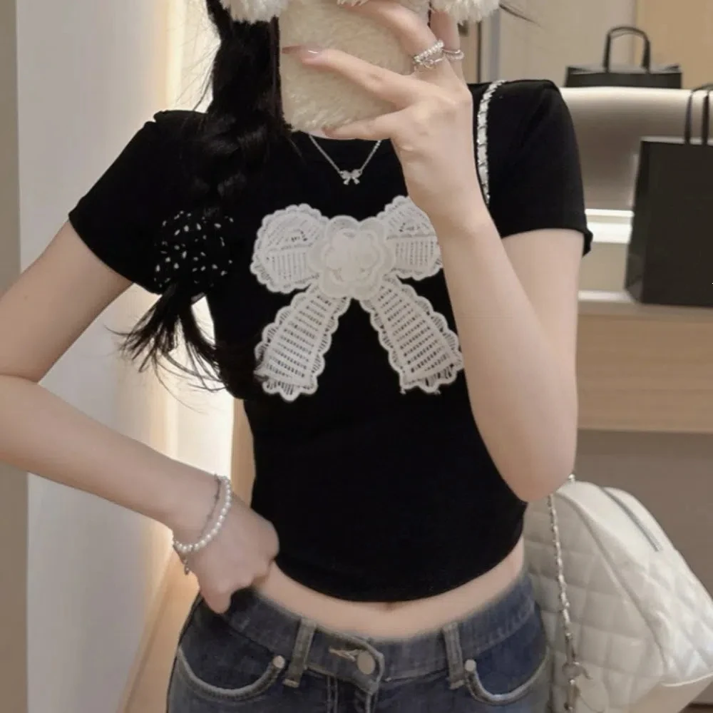 Atasan Kasual Kaus Pita Korea Katun Ikatan Simpul dengan Bantalan Dada Y2K Atasan Crop Kaus Dalam Gaya Korea Atasan Bahu Pendek Wanita