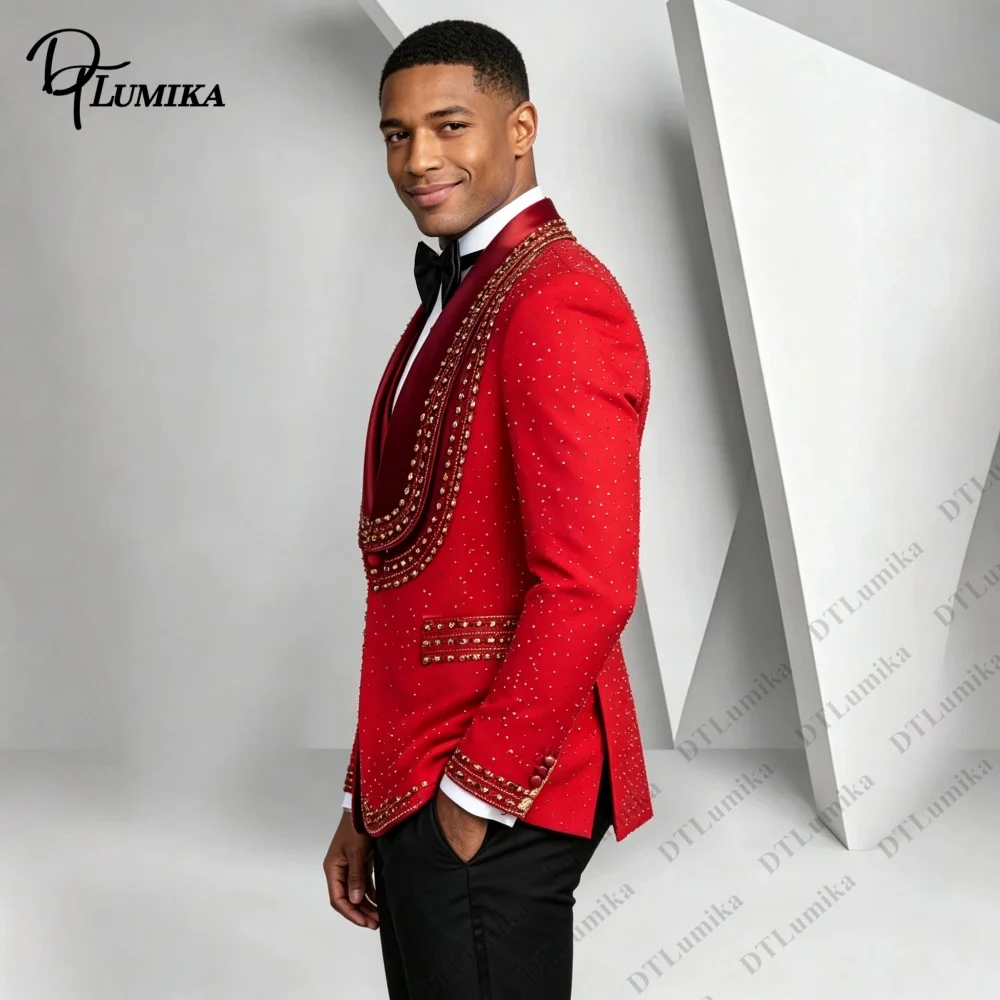 Luxury Beaded Satin Shawl Lapel Men 3 Piece Suit Blazer Vest  Pants Mens Groom Wedding Prom Pageant Tailored Formal Outfit