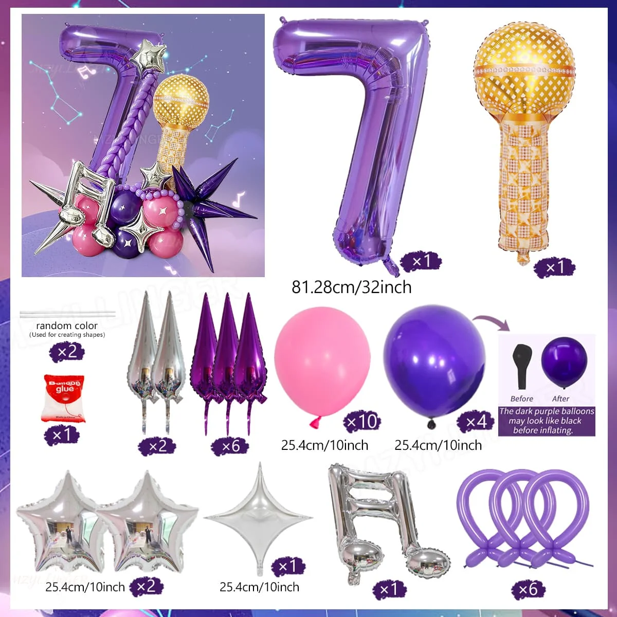Lila Zahlenballon und Notenballon-Set, Mikrofonförmiger Ballon für Geburtstagsfeiern, Disco- und Musikpartys, Dekoration (0-9) – Detail 8