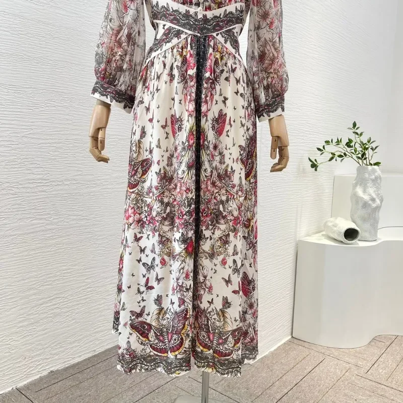 Bege borboleta floral impressão longa lanterna nova moda 2024 manga rendas de alta qualidade com decote em v vestidos midi para senhoras