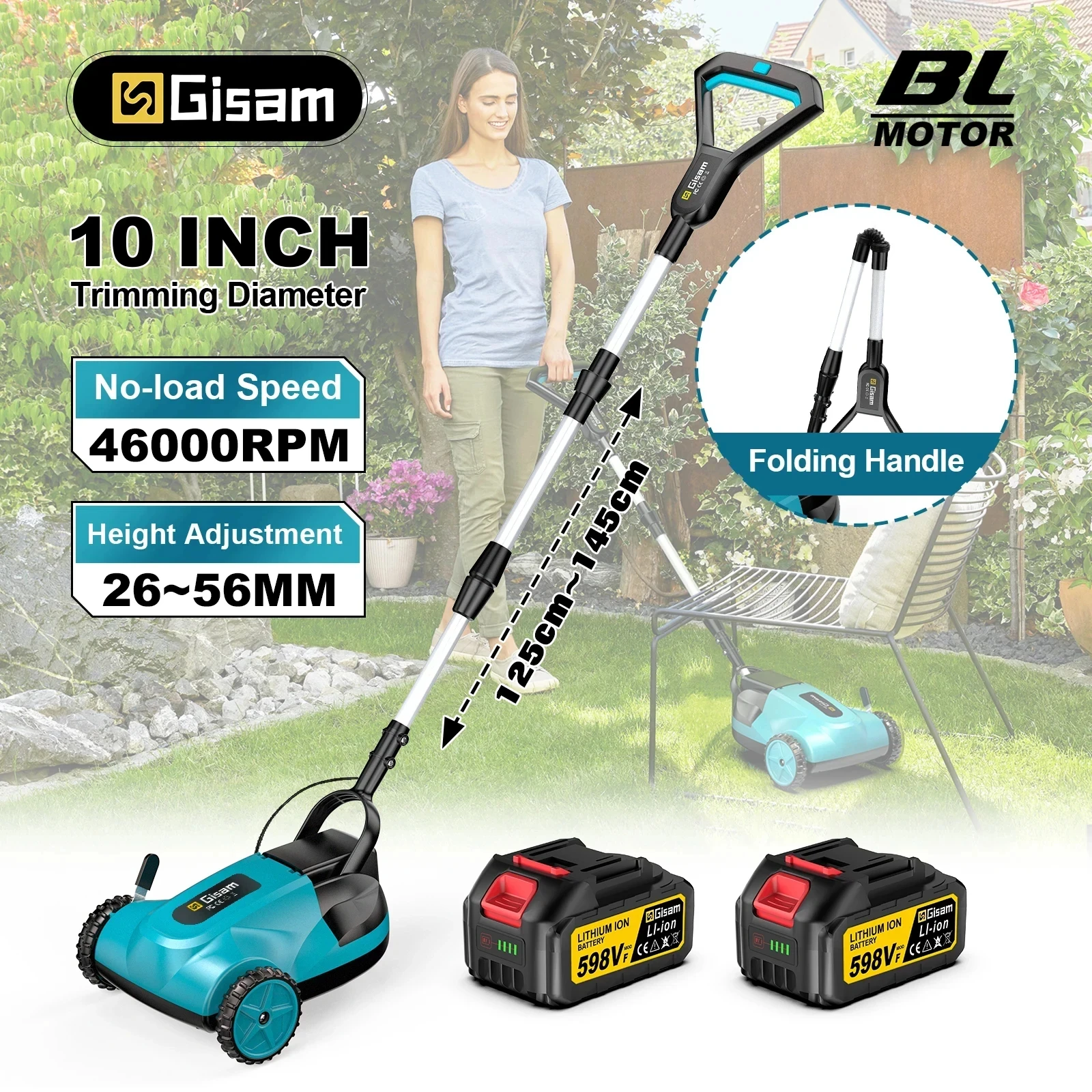 Gisam Bürstenloser Elektrischer Rasenmäher Kabelloser Rasentrimmer 3 Höhenverstellungen Gartenschneider für Makita 18V Akku