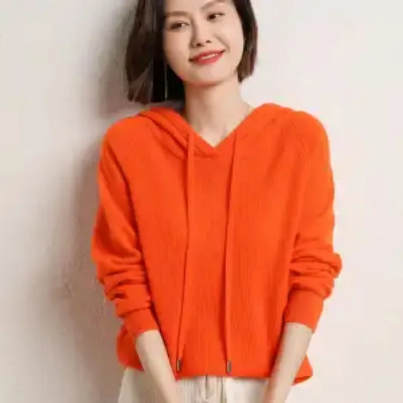 Women Hooded Knit Sweater Autumn Winter Loose Pullover Long Sleeve Solid Knit Hoodie Casual Basic Bottoming Top