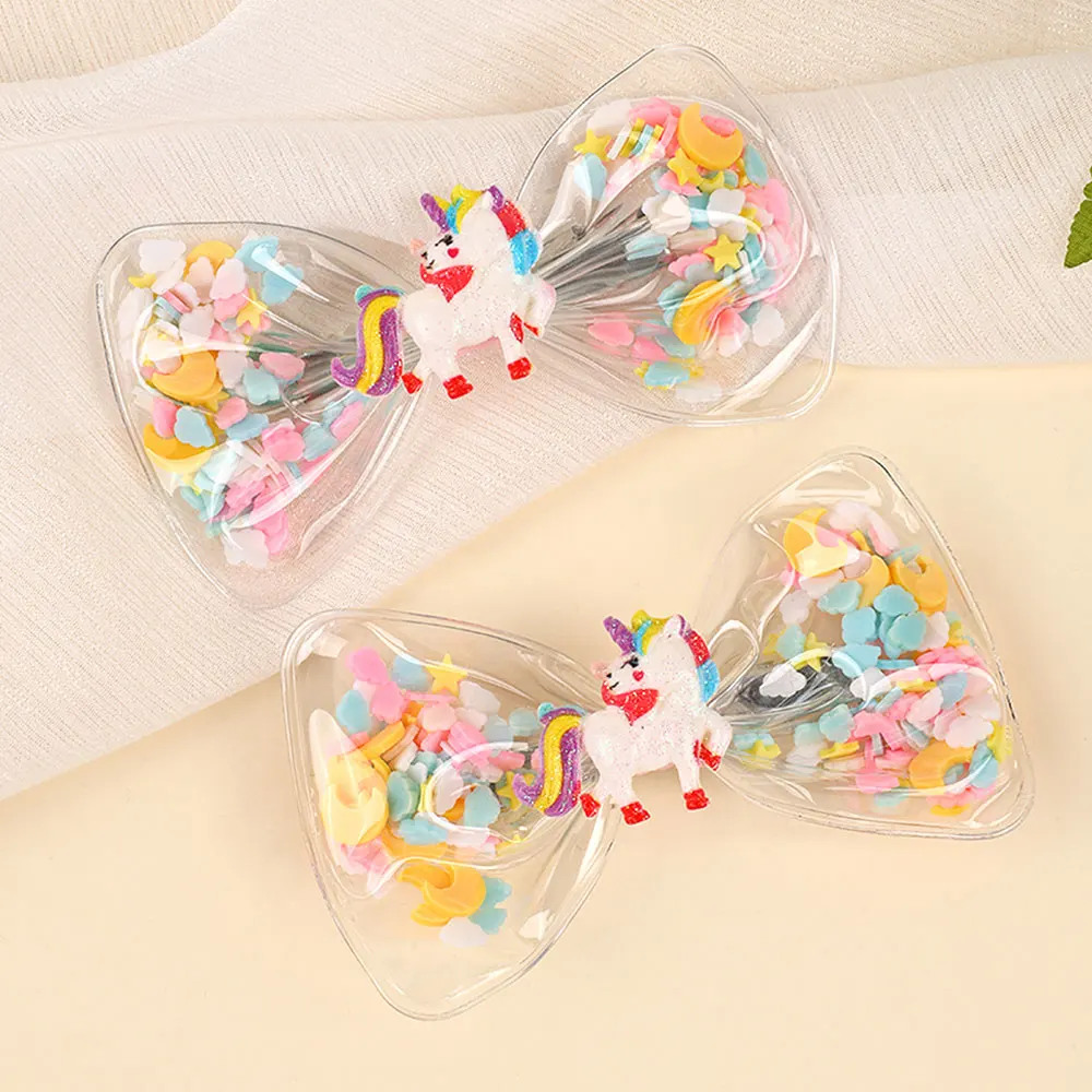 2Pcs Unicorn Bowknot Hair Clips For Kids Transparent Bow Star Moon Hairpin Summer Swimming Pool Party Accessories