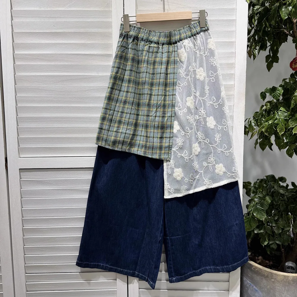 SuperAen Japan Style Vintage Plaid Patchwork Lace Jeans Autumn New Drawstring High Waist Loose Sweet Skirt Pants