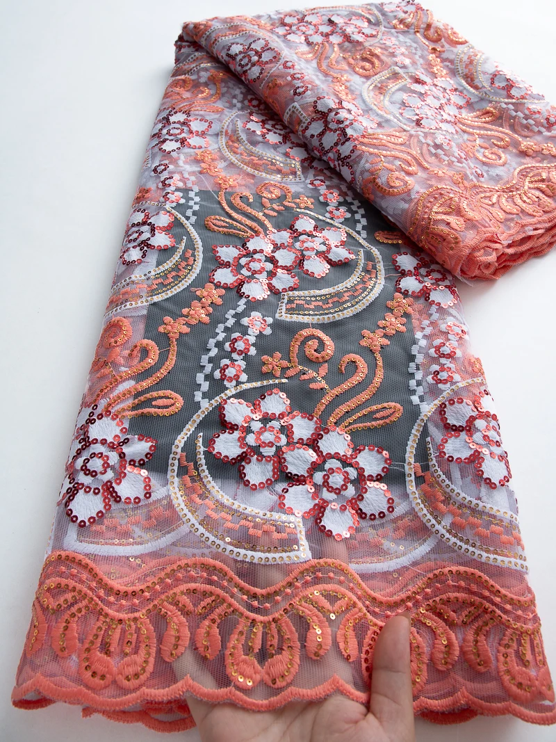 

2025 African Net Sequins Lace African Lace Fabric High Quality 5Yards Embroidery Nigerian French Tulle Lace Fabric For Wedding