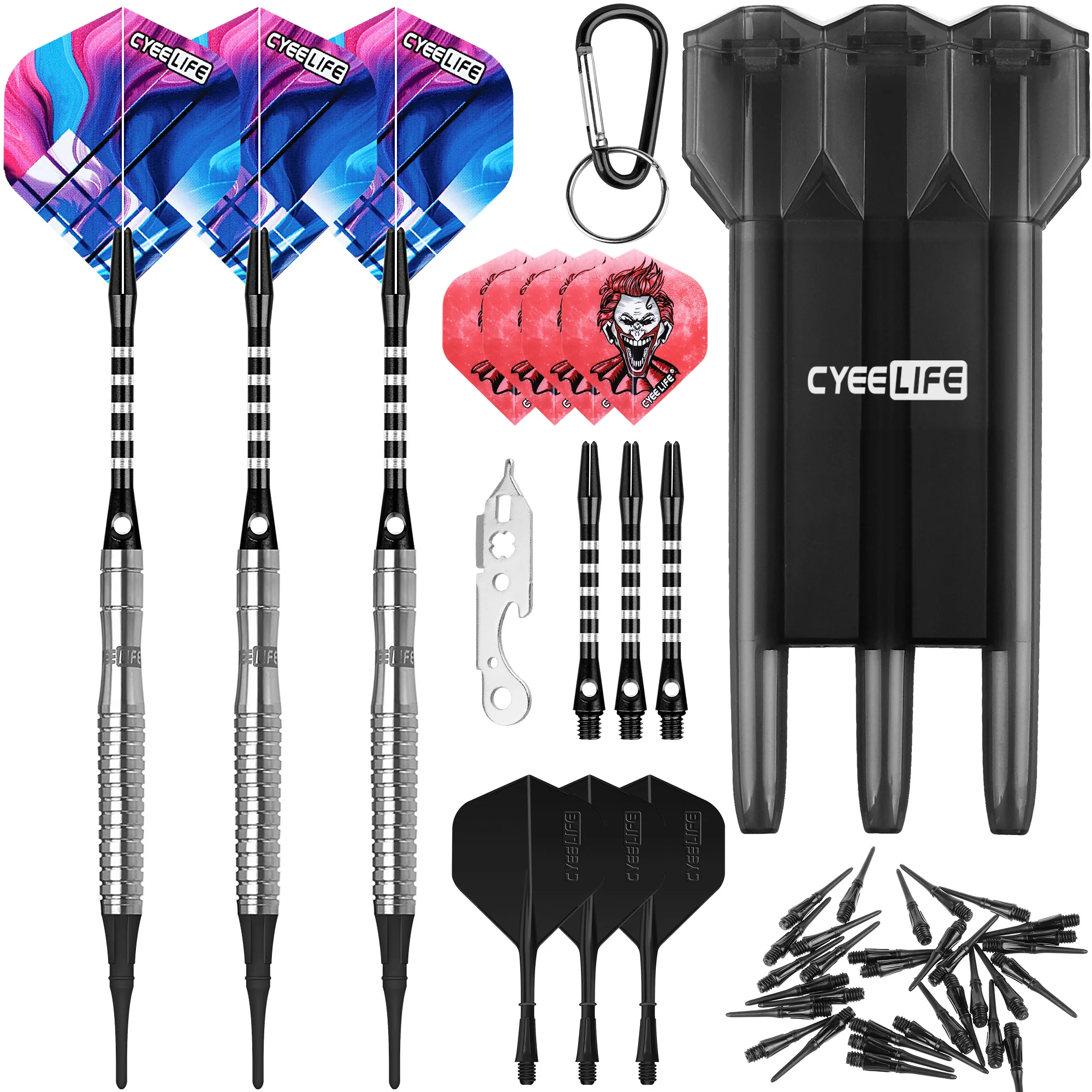 CyeeLife 16/18/20g 90% Tungsten soft tip darts set with carrying case & Aluminium Shafts and Extra Plastic points