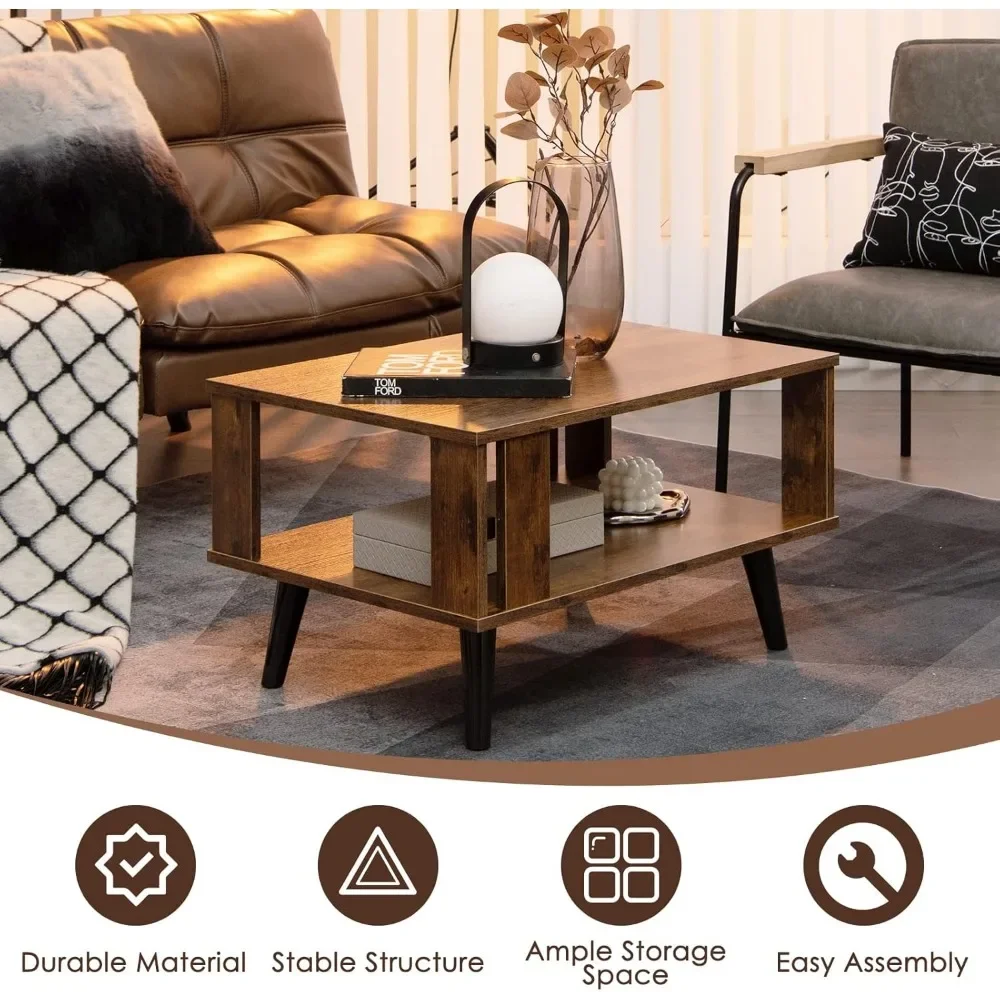 Small Coffee Table for Small Space, 2-Tier Wooden Center Table with Open Storage Shelf, Side Baffle, Easy Assembly