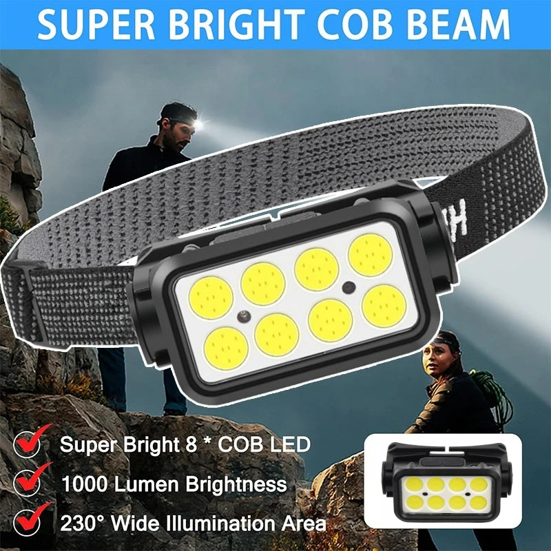 

Перезаряжаемый налобный фонарь, 1000 люмен, датчик движения, водонепроницаемая яркая фара COB, рабочий свет для бега, пешего туризма, прогулок, кемпинга