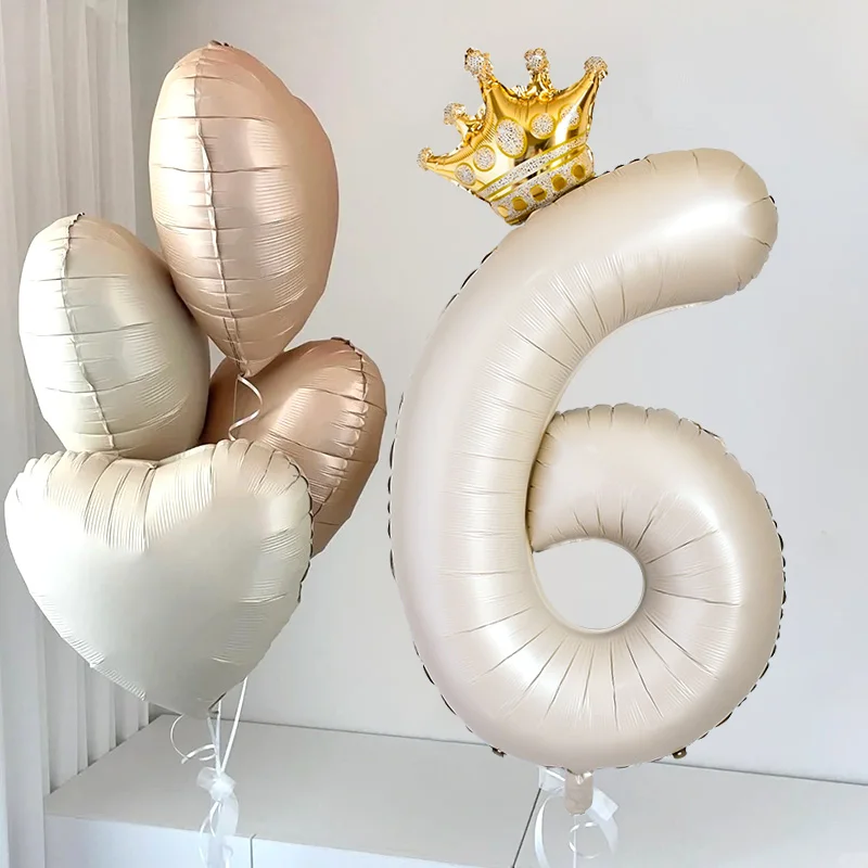 

2pcs 40inch Cream Beige Number Foil Balloons With Gold Crown 0-9 Figures Balloon Toys For Kids 1st Birthday Party Decor Globos
