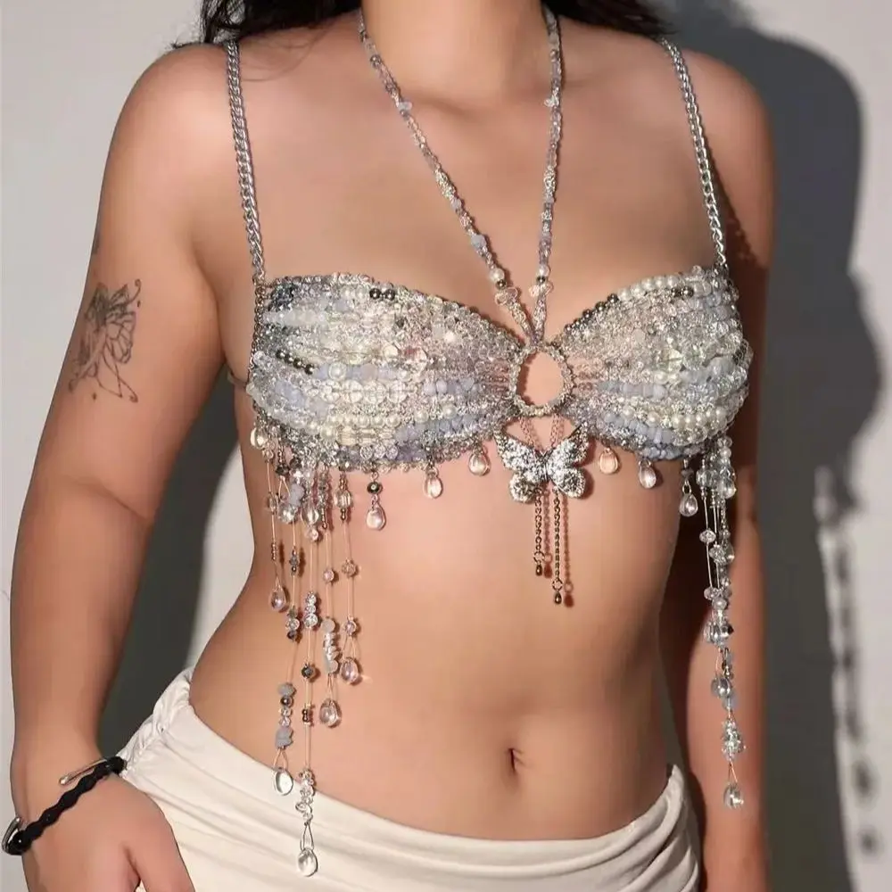 

New Y2k Butterfly Pendant Halter Top For Women European-Style Beaded Bra With Body Chain Summer Lace-Up Beach Bikini Cover-Up