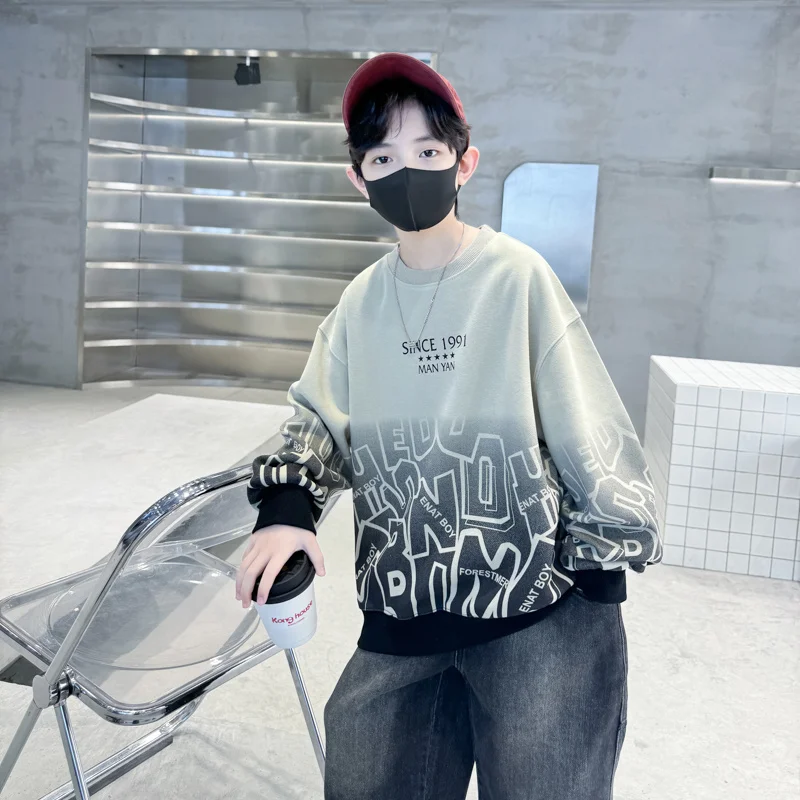 Korean Style Kids Boy Fashion Gradient Sweatshirt With Letter Print Teenage Child New Spring Clothing Outfit 5 7 9 11 13 14 Year