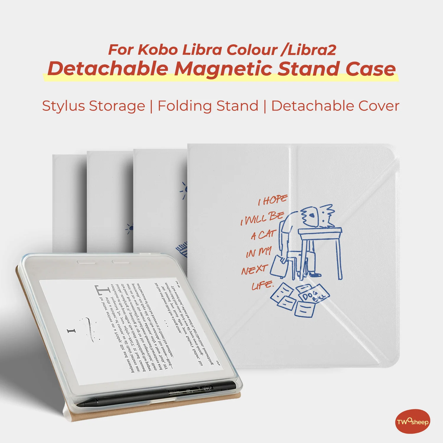 Twosheep Line Cat Dog Detachable Magnetic Case suit for Kobo Libra Colour Kobo Libra2 Pen Holder Stand Clear Shell Cover Folio