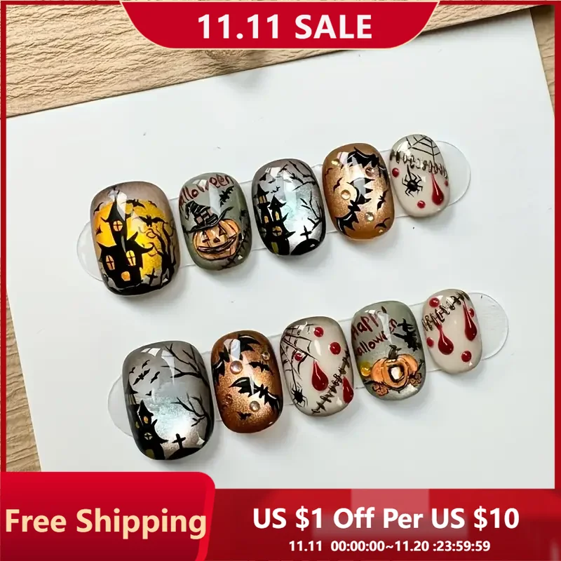 

10pcs Halloween Press On Nails Cute Graffiti Cat Eye Wearable Nail Stickers for Women Sweet and Cool Full Coverage Fake Nail