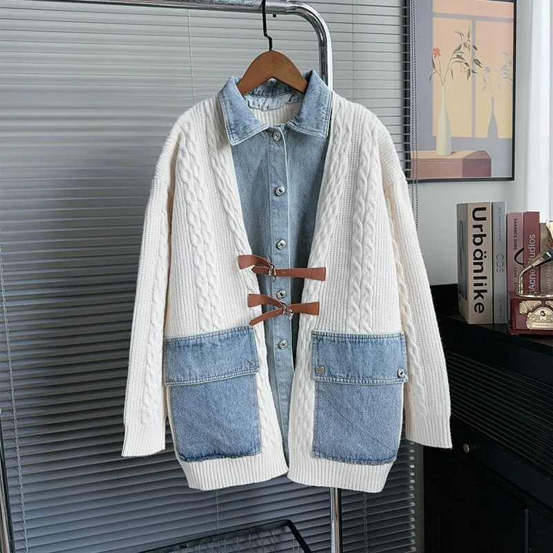 

SuperAen Splicing Denim Fake Two-piece Sweater Jacket Women's 2025 Autumn and Winter Loose Retro Style Knitted Cardigan