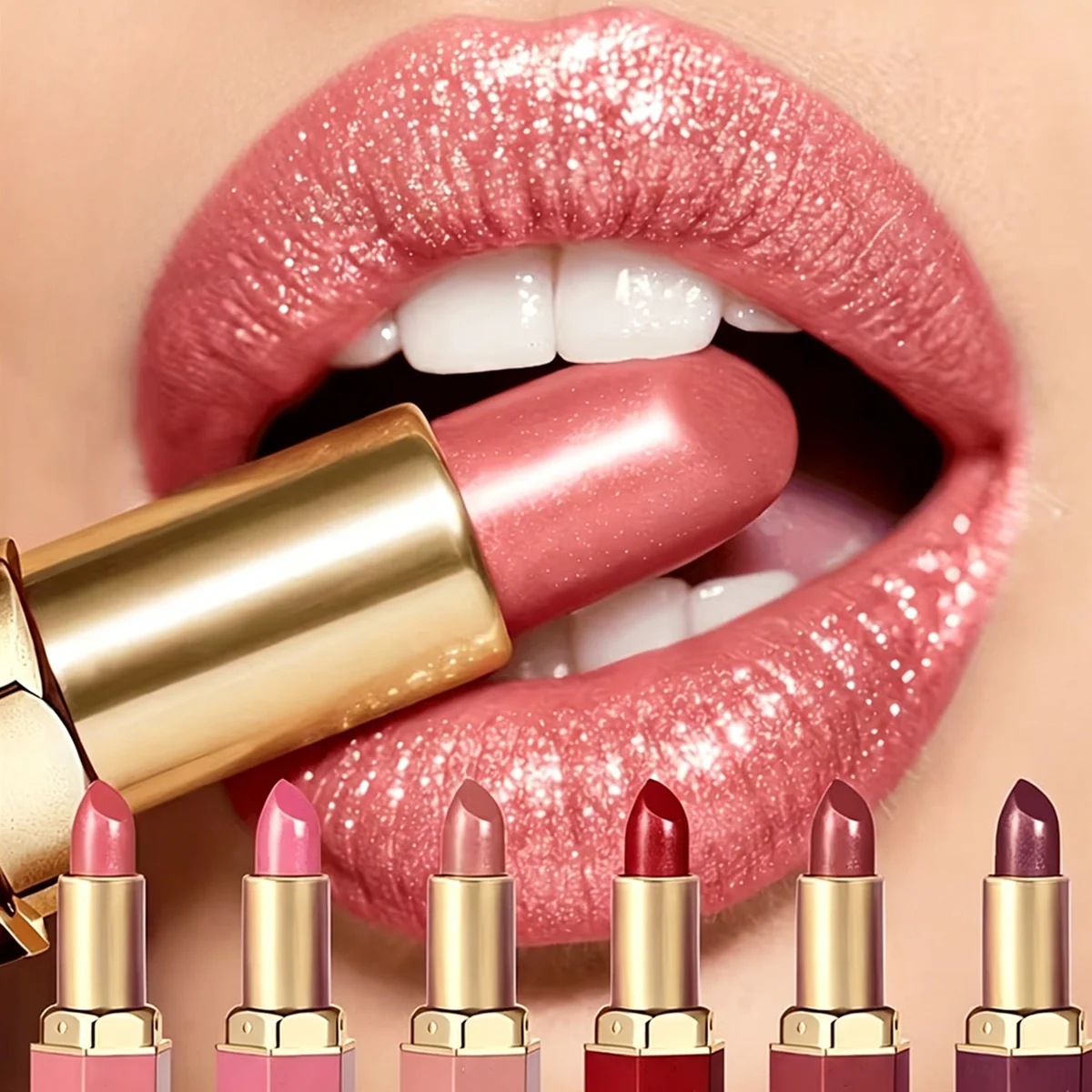 6 Colors Gold Bar Tube Lipstick Matte Texture Pearlescent Glitter Velvet Lipstick Valentine's Day Gift 1PCS