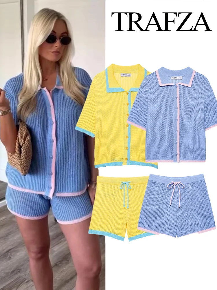 

TRAFZA Women's Summer Fashion Single-Breasted Lapel Short Sleeve Knitted Cardigan Top+Elegant Pull Rope Casual Loose Shorts Pant