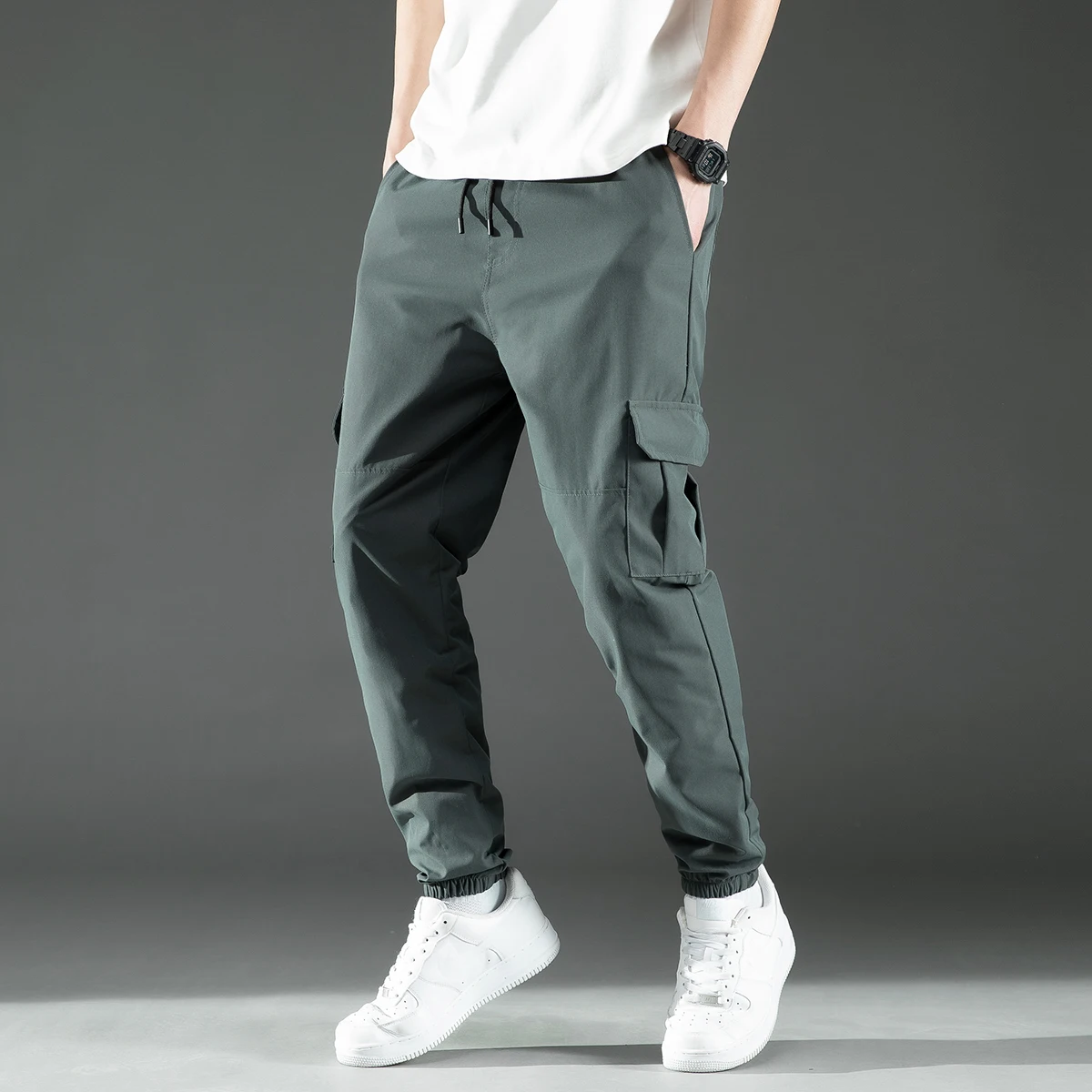 

Mid Waist Stylish Drawstring Design Men Trouser Polyester Overalls Thermal for Dating Cargo Pants Pocket