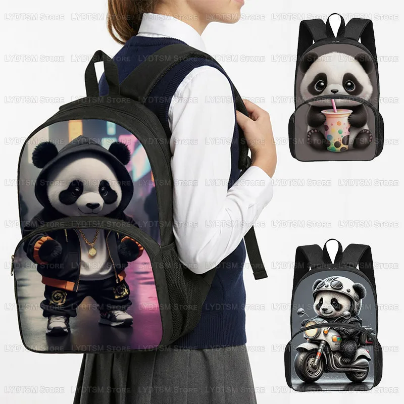 16 Inch Cute Hip‑hop Panda Kids Backpack Cool Motorcycle Panda Children School Bag Casual Travel Daypack Gift For Boys Girls