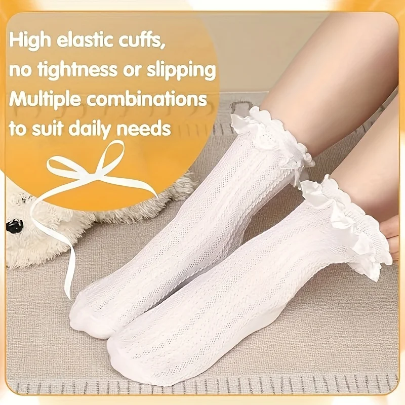 6 Paar Spitzen-Rüschen-Crew-Socken für Damen, Niedliche Prinzessinnen-Knöchelsocken mit Spitze für Frauen – Detail 6