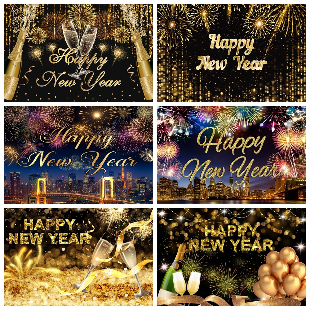 

Happy New Year Background for Photography Fireworks Bokeh Glass Champagne 2025 New Years Eve Family Party Decor Banner Backdro