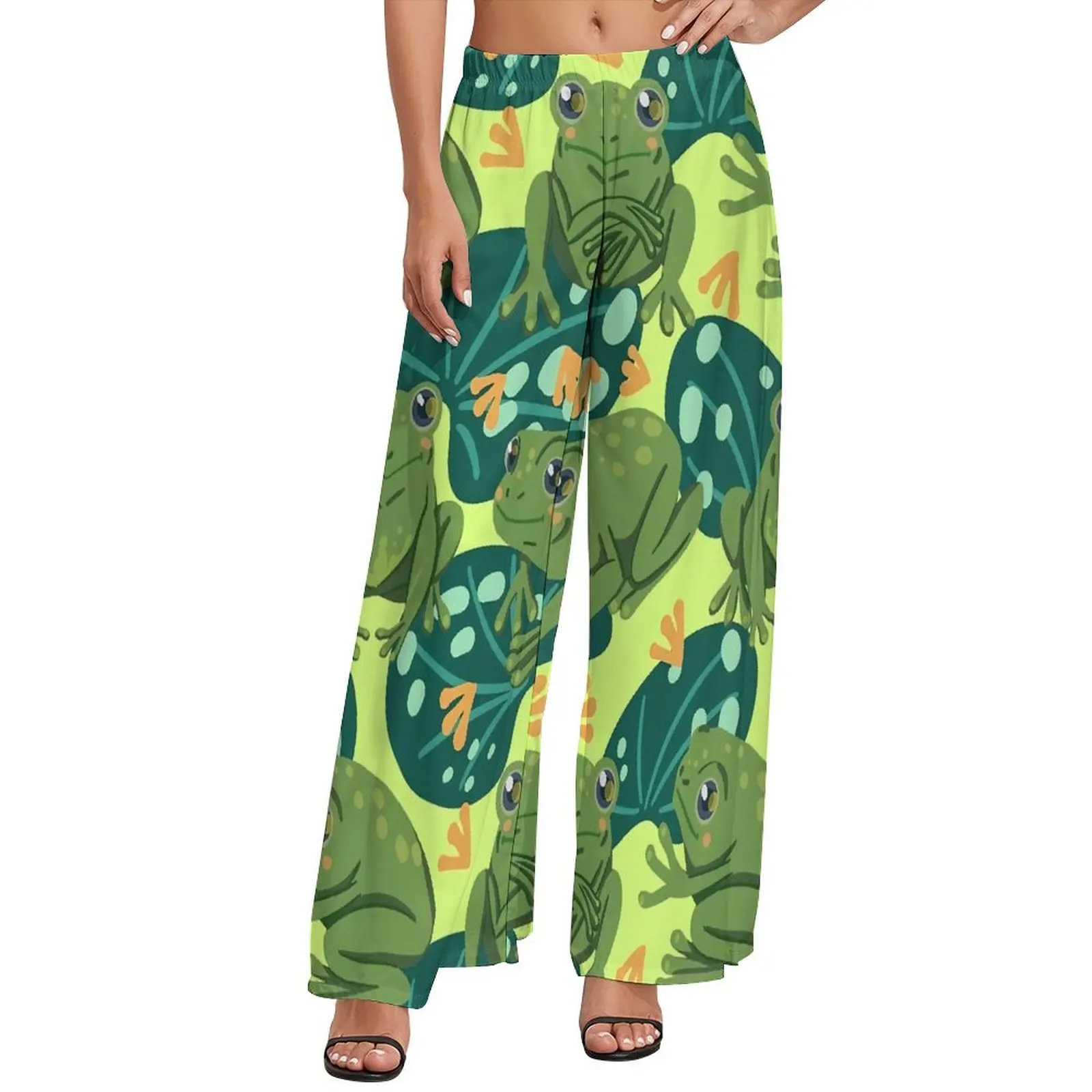 

Cute Frog Pants Water Lily Leaves Office Wide Leg Pants Woman Big Size Aesthetic Custom Straight Trousers