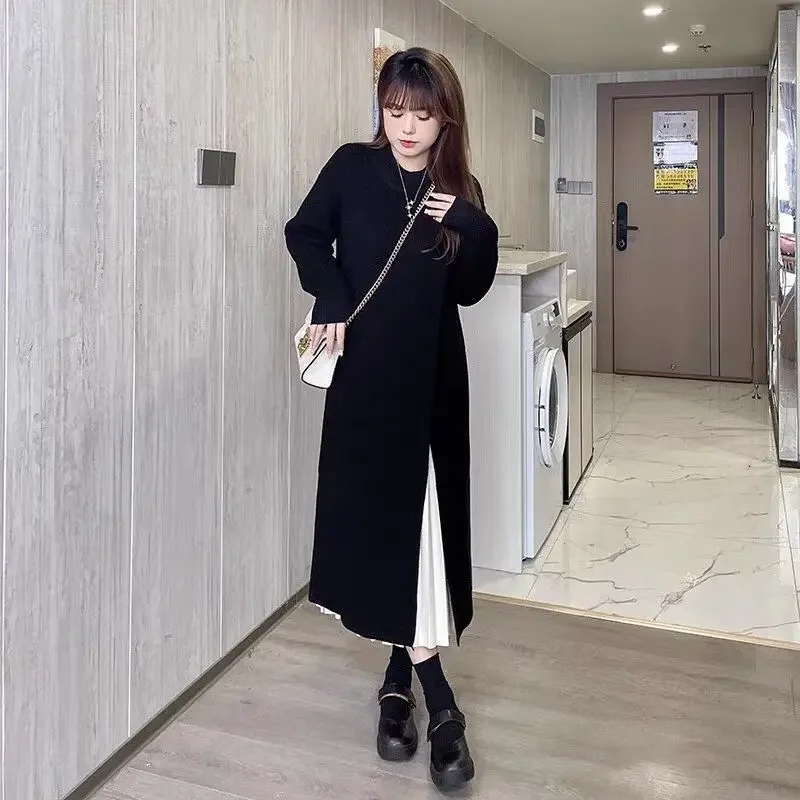 Side Slit Knitted Dress Women Autumn Winter Loose O Neck Pullover Oversize Long Sweater Dress Korean Fashion Solid Robes T827