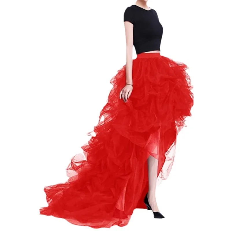 Women High Waist High Low Layered Tulle Floor Length Spectial Occasion Skirt Split Skirt A-Line Puffy Mesh Skirt for Wedding