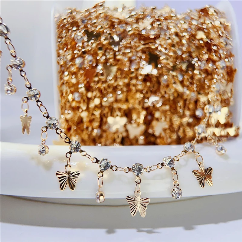 1meters Zircon Stones Necklace Chains Copper Metal Link Bracelet Butterfly Crystal Beads Chains Bulk Lot for Diy Jewelry Making