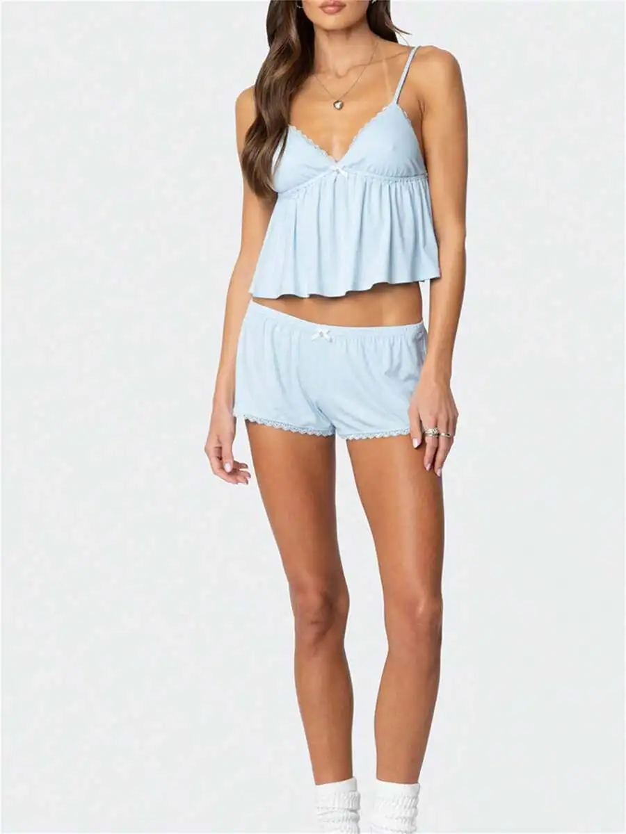 Womens Sleeveless V-Neck Cami Top With Lace Trim Shorts Lounge Set