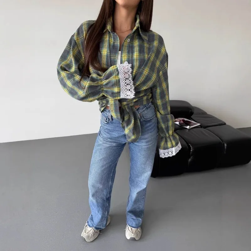 Vintage Lace Patchwork Checkered Blouse Long-sleeved Tops Womens Design Blouse Loose Casual Shirts All-match Blouse Women