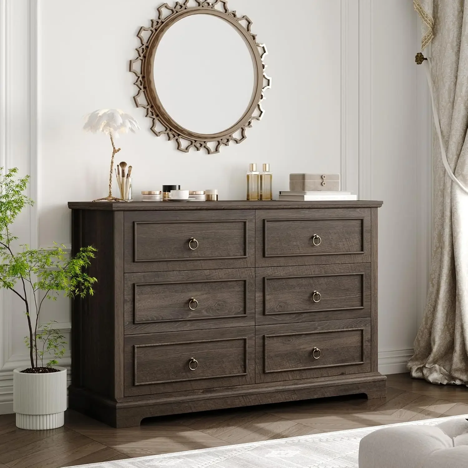 6 Drawer Double Dresser, Modern Farmhouse Chest of Drawers, Wide Dressers Organizer, Accent Wood Storage Cabinet