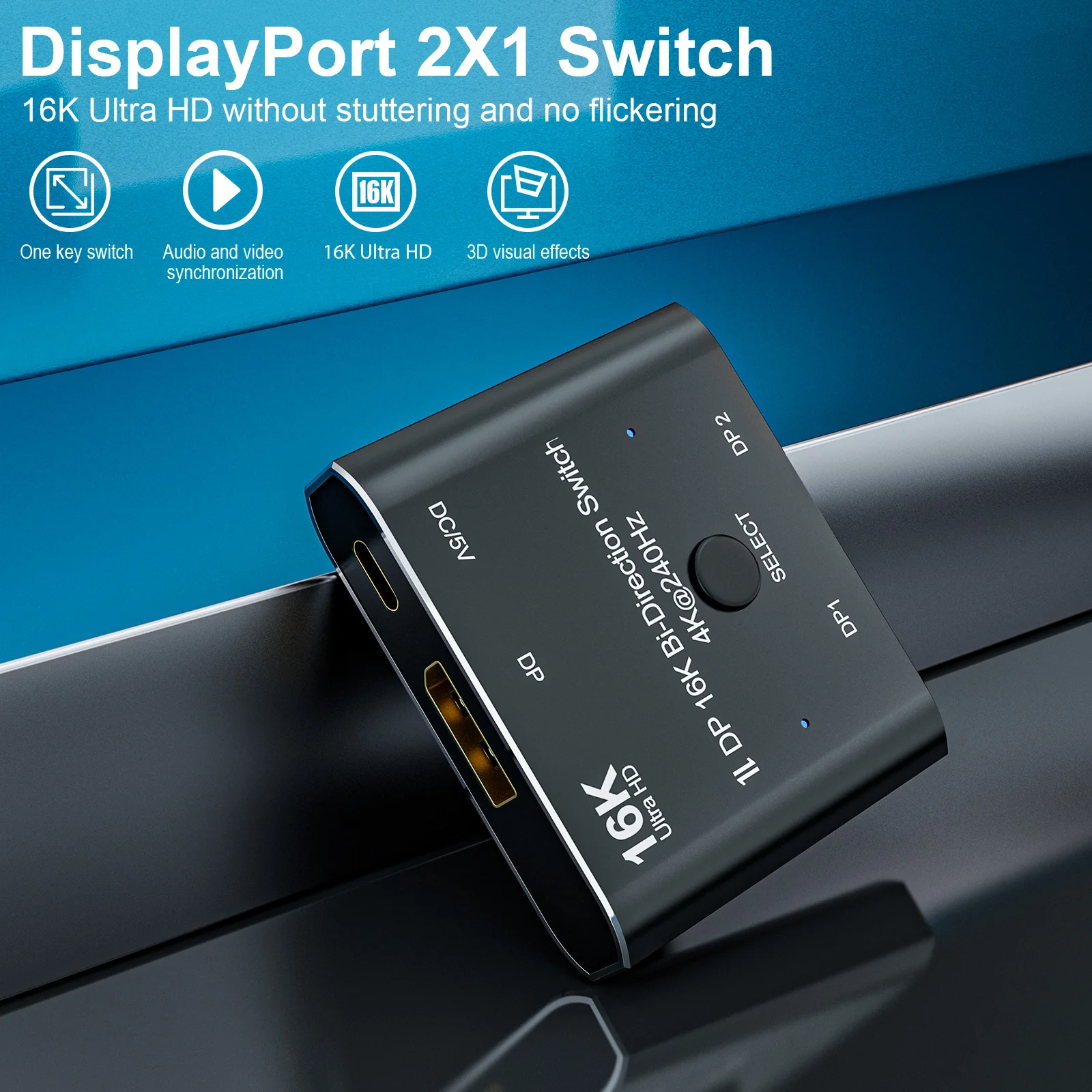 16K Dp Schakelaar Bi-Richting 2X1 Schakelaar Splitter Selector Hub Displayport 2.0 Ondersteuning Hdcp Sst Extended 16K @ 60hz 4K @ 240Hz Convertor