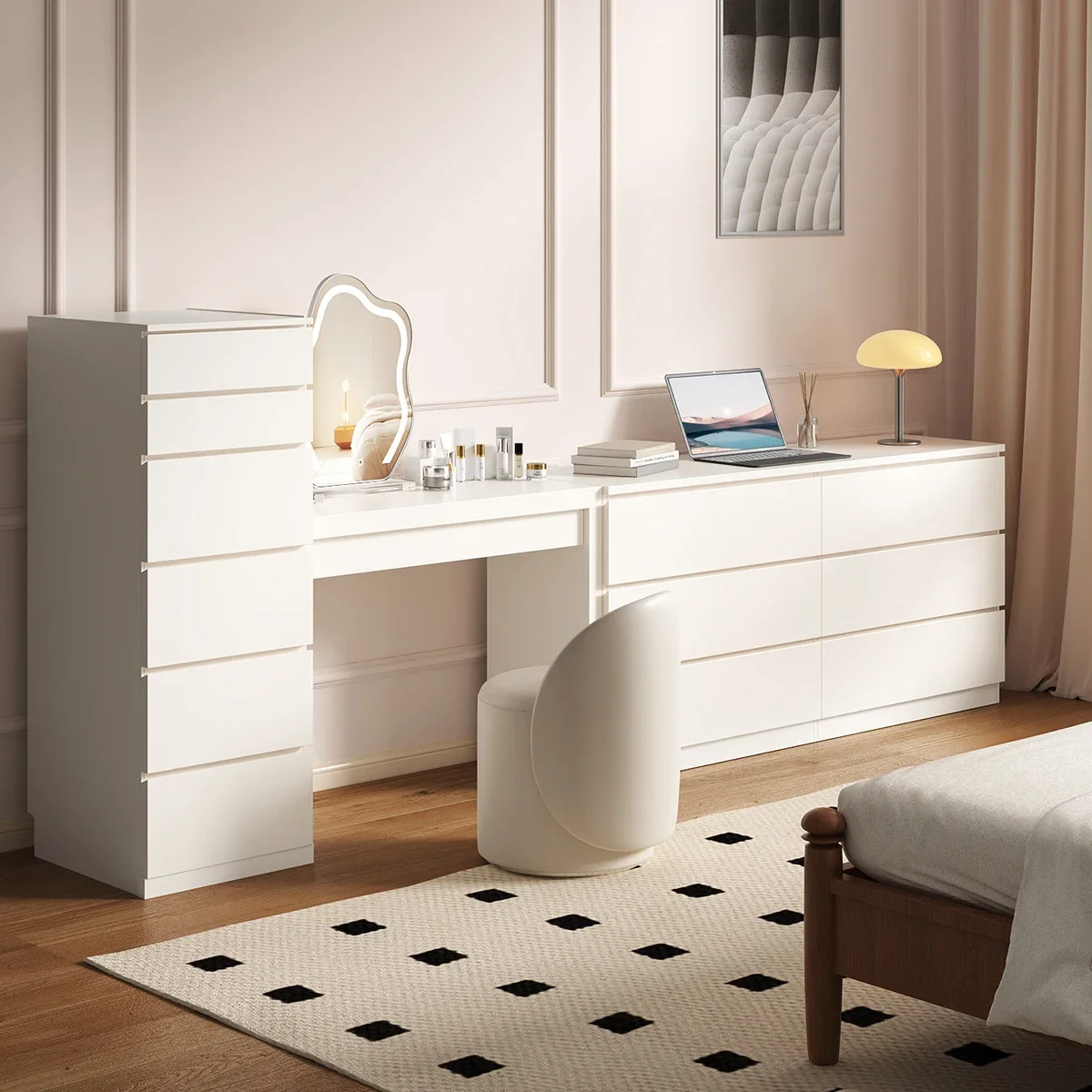 

Dresser, chest, integrated cream wind retractable makeup table, bedroom storage, modern minimalist solid wood makeup table